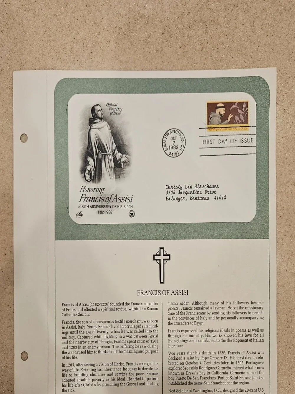RARE COLLECTIBLE USPS 1ST DAY ISSUE COVER HONORING FRANCIS OF ASSISI STAMP FDC